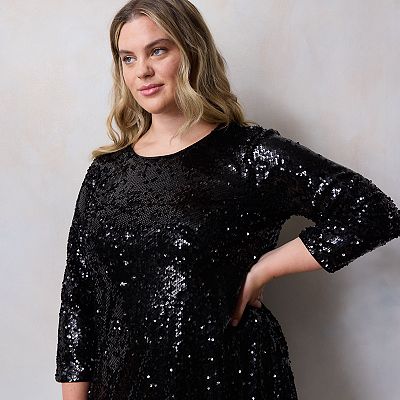 plus size sequin swing dress Black Sequin Tiered Swing Dress