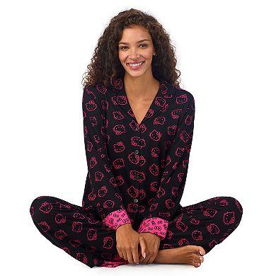 Women's Hello Kitty Long Sleeve Notch Collar Pajama Top & Pajama Bottoms Set