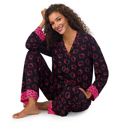 Women's Hello Kitty Long Sleeve Notch Collar Pajama Top & Pajama Bottoms Set