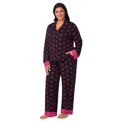 Plus Size Hello Kitty Long Sleeve Notch Collar Pajama Top & Pajama Bottoms Set