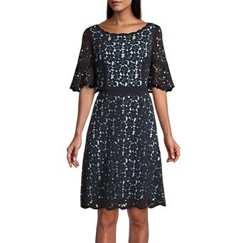 Women's Focus By Shani Fit & Flare Laser Cut Ruffle Sleeve Dress
