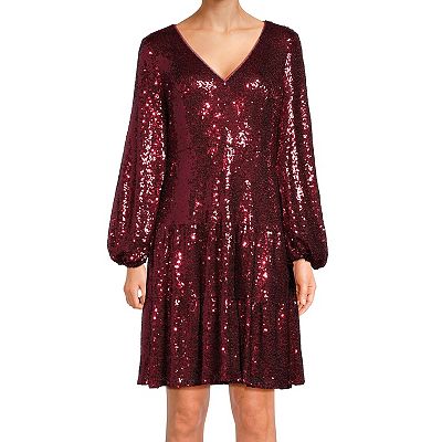 wine fit and flare dress Women's Sips & Sparkles Wine Red Sequin Strapless Midi Dress | Size: L