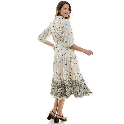Women's Figueroa & Flower Button Front Belted Maxi Dress, Size: Large, Ivory Blue