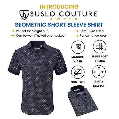 Suslo Couture Mens Four-way Stretch Short Sleeve Polka Dot Shirt