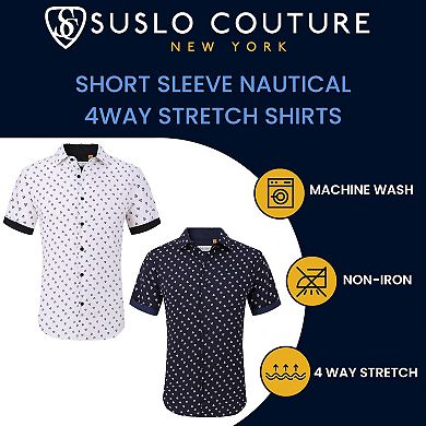 Suslo Couture Mens Four-way Stretch Short Sleeve Polka Dot Shirt