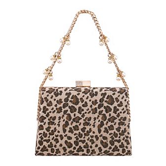 N by Nina Simulated Pearl Drop Chain Animal Print Clutch Bag