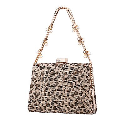 N by Nina Simulated Pearl Drop Chain Animal Print Clutch Bag