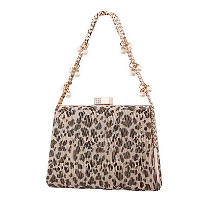 Touch of Nina Simulated Pearl Drop Chain Animal Print Clutch Bag