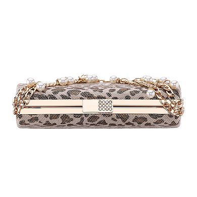 N by Nina Simulated Pearl Drop Chain Animal Print Clutch Bag