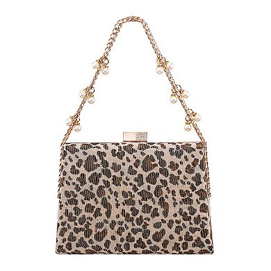 N by Nina Simulated Pearl Drop Chain Animal Print Clutch Bag