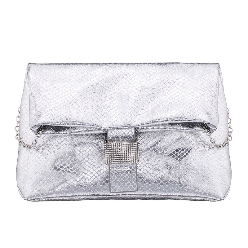 N by Nina Embossed Snake Foldover Flap Crossbody Bag, Silver