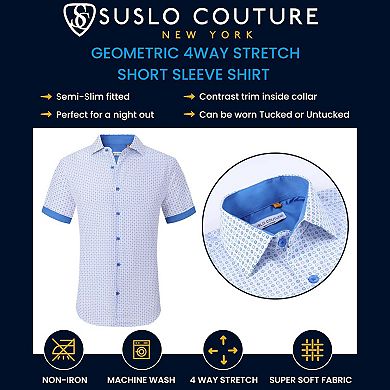 Suslo Couture Mens Four-way Stretch Short Sleeve Polka Dot Shirt
