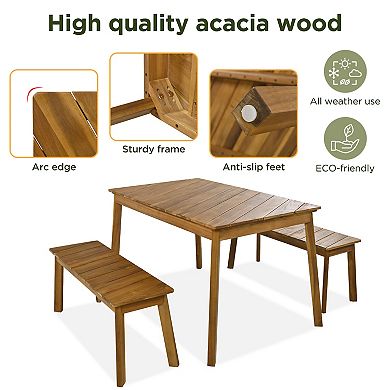 Merax 3 Pieces Acacia Wood Table Bench Dining Set