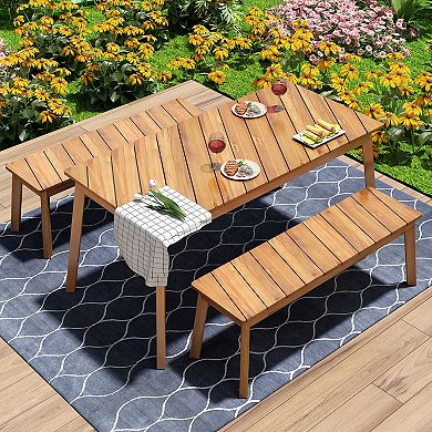 Merax 3 Pieces Acacia Wood Table Bench Dining Set