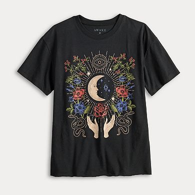 Juniors' Celestial Moon & Flowers Graphic Tee