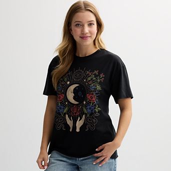 Juniors' Celestial Moon & Flowers Graphic Tee