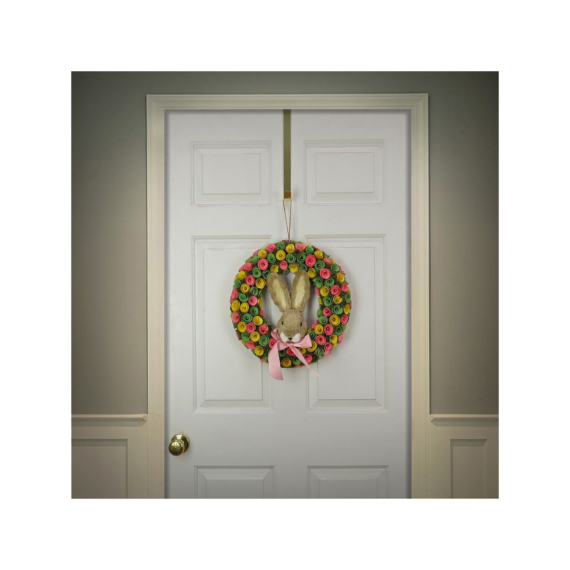 National Tree Company Bunny with Pink Bow Multi Color Wood Curl Wreath, Gre