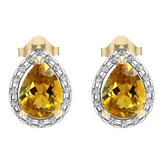 10k Gold Citrine and Diamond Accent Stud Earrings