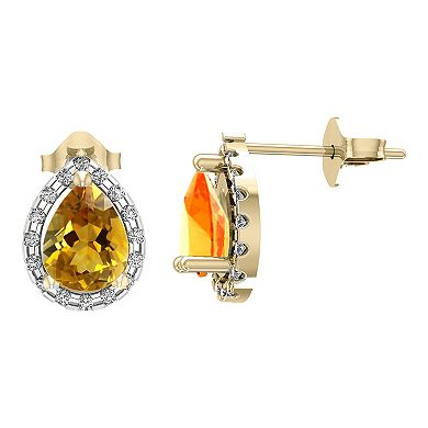 10k Gold Citrine and Diamond Accent Stud Earrings