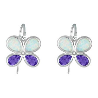 Sterling Silver Lab-Created Opal & Amethyst Butterfly Earrings