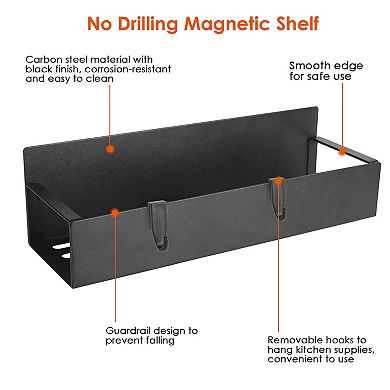 Black, Magnetic Seasoning Storage Shelf With 8 Removable Hooks Set Of 4