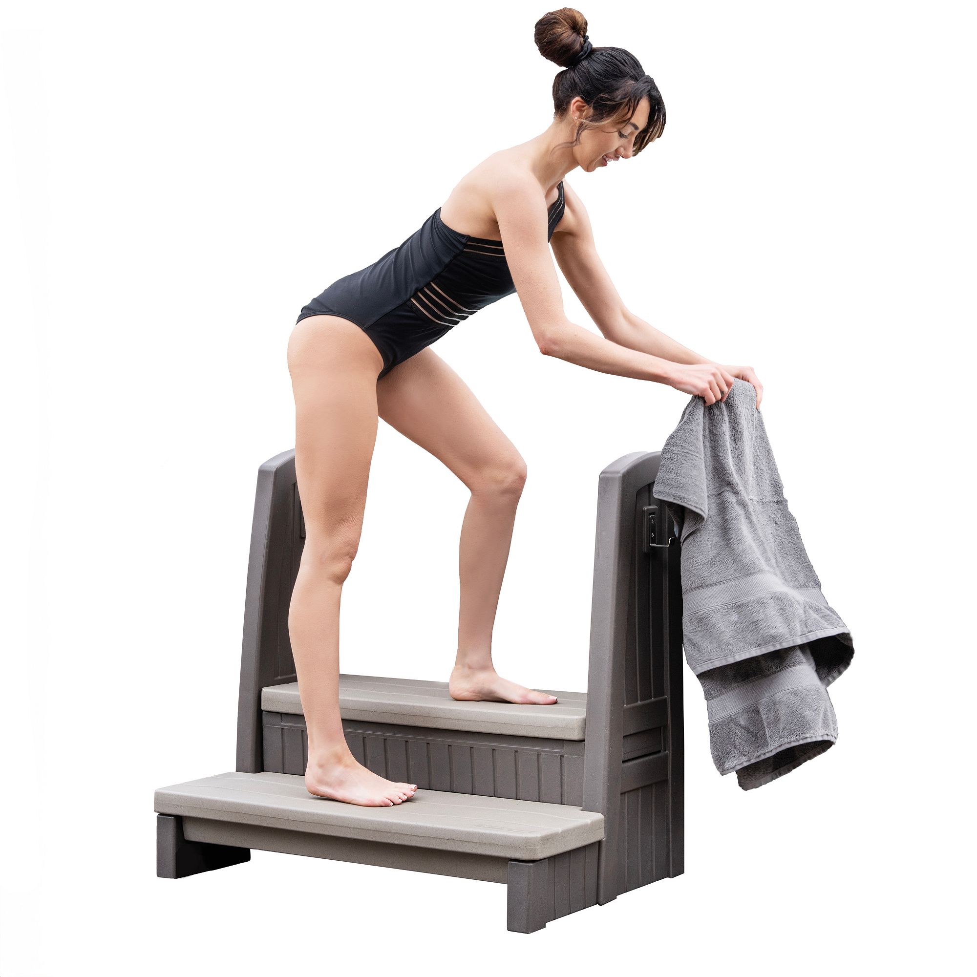 Step2 Pool or Patio Hot Tub Storage Steps with Handrails, Beige Khaki