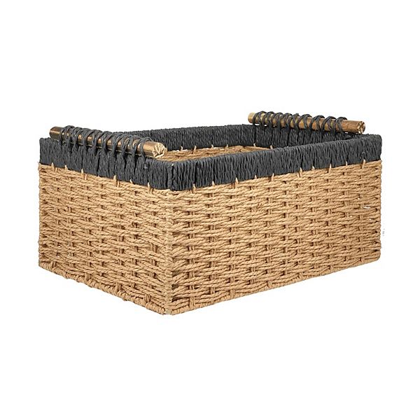 Belle Maison Paper Weave Wood Handle Basket - Black (MEDIUM)