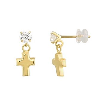 Charming Girl Kids 14k Gold Cubic Zirconia Cross Drop Earrings