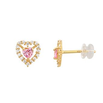 Charming Girl Kids 14k Gold Cubic Zirconia Heart Halo Stud Earrings