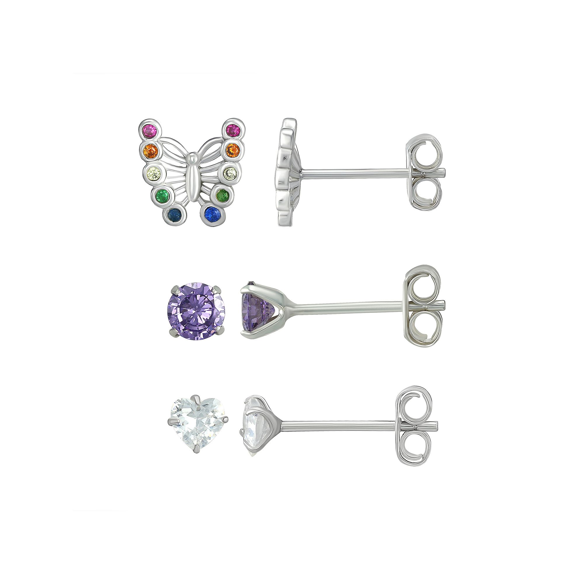 Charming Girl Kids Sterling Silver 3-Piece Crystal Stud & Butterfly Earrin