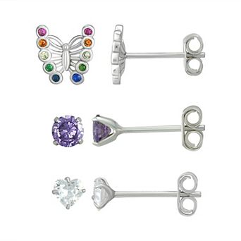 Charming Girl Kids' Sterling Silver 3 pc Crystal Stud & Butterfly Earring Set