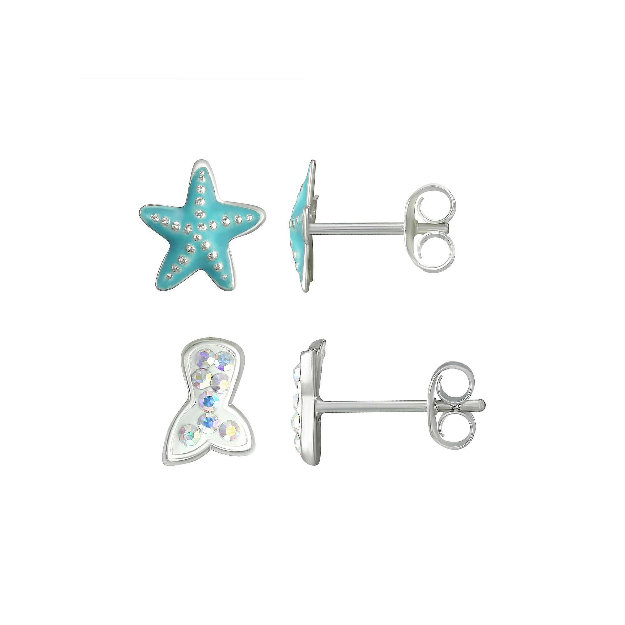 Charming Girl Kids Sterling Silver Starfish & Crystal Mermaid Tail Earring