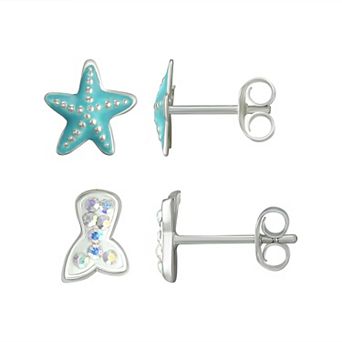 Charming Girl Kids' Sterling Silver Starfish & Crystal Mermaid Tail Earring Duo Set