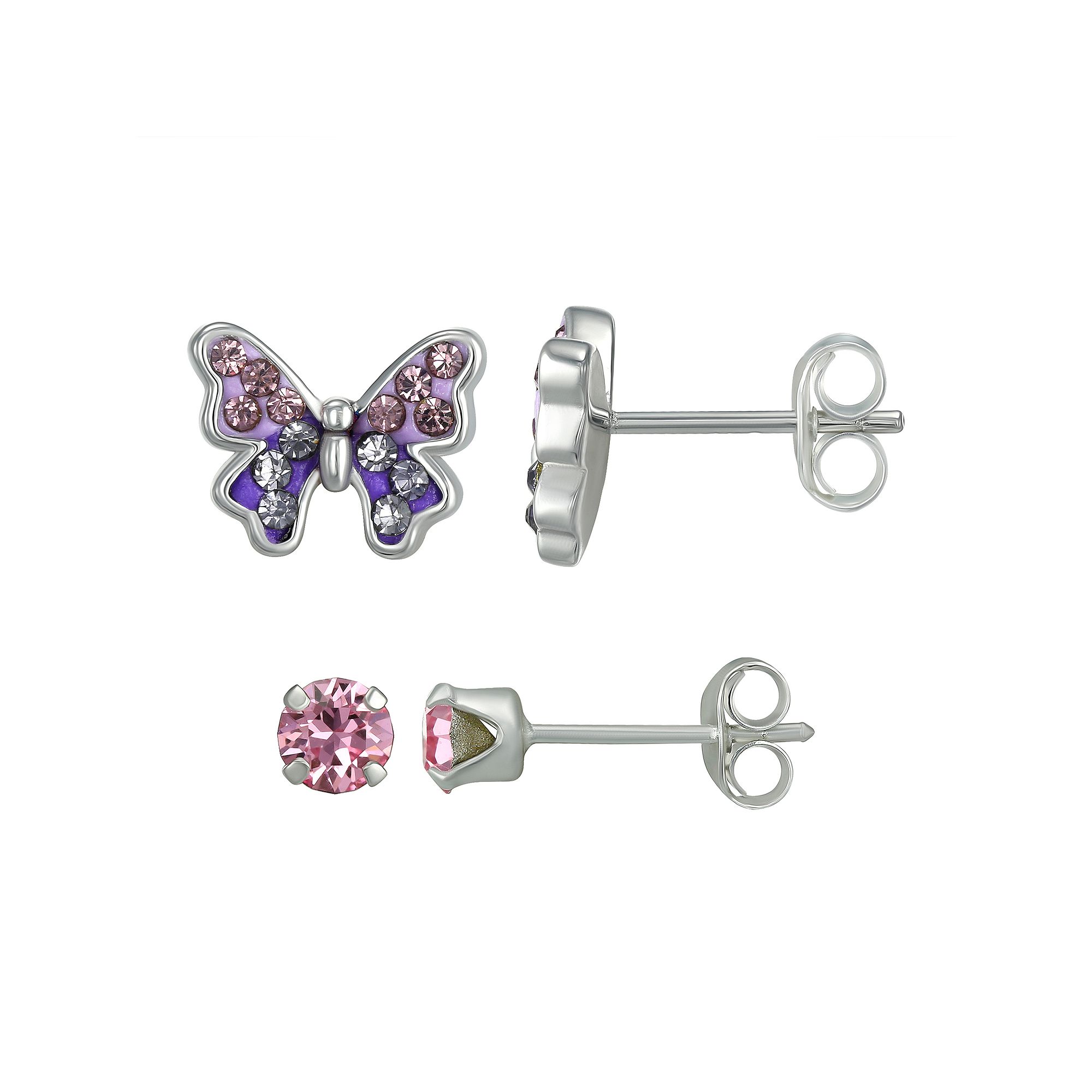 Charming Girl Kids Sterling Silver Crystal Stud & Butterfly Earring Duo Se