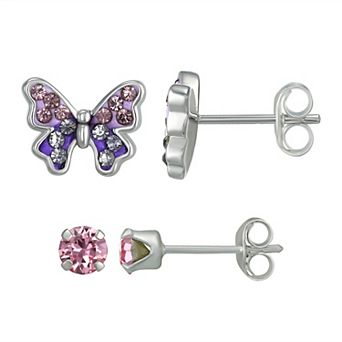 Charming Girl Kids' Sterling Silver Crystal Stud & Butterfly Earring Duo Set