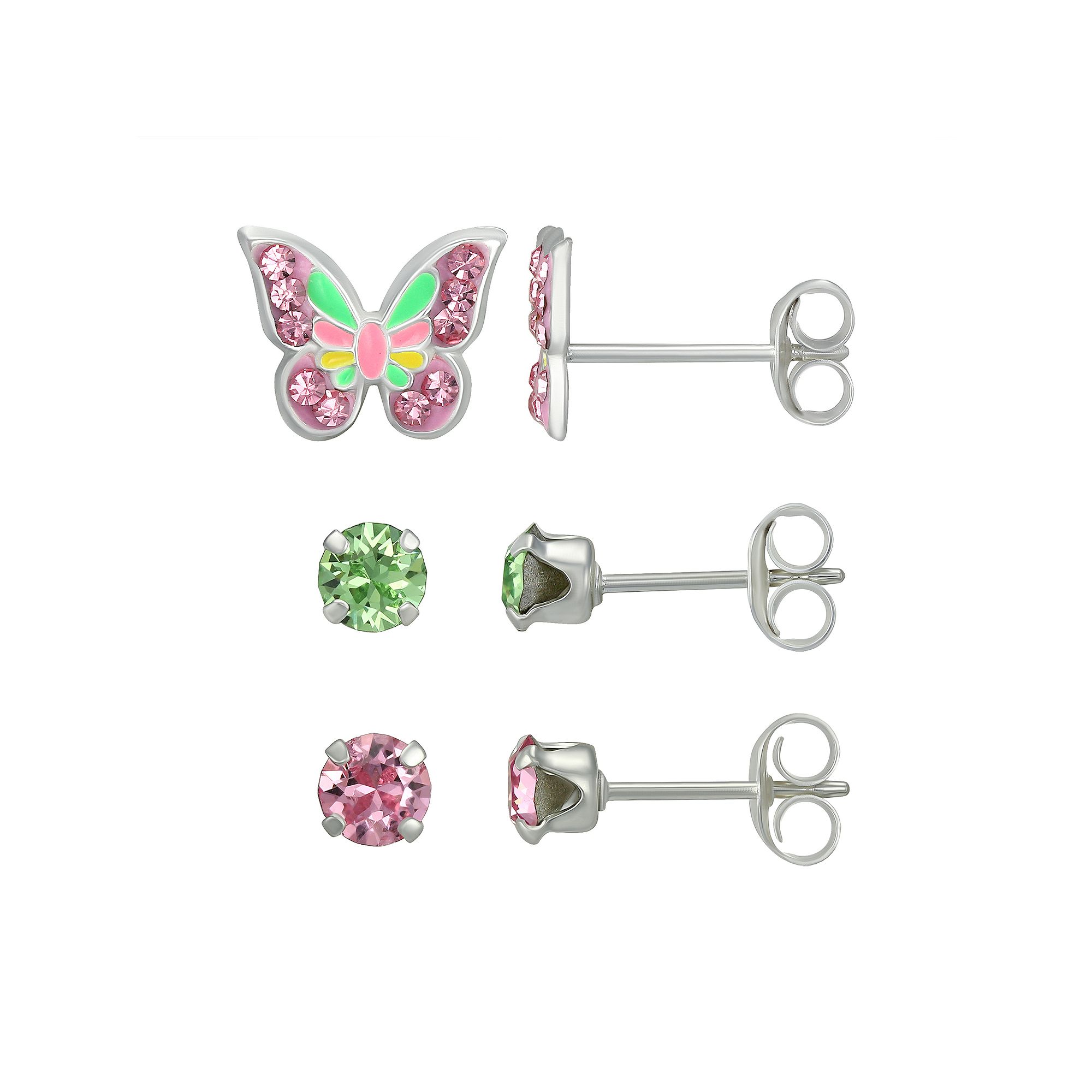 Charming Girl Kids Sterling Silver 3-Piece Crystal Stud & Butterfly Earrin
