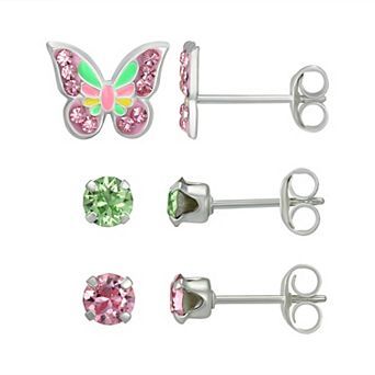 Charming Girl Kids' Sterling Silver 3 pc Crystal Stud & Butterfly Earring Set