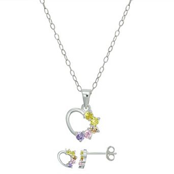 Charming Girl Kids' Sterling Silver Multicolor Cubic Zirconia Heart Pendant Necklace & Earring Set