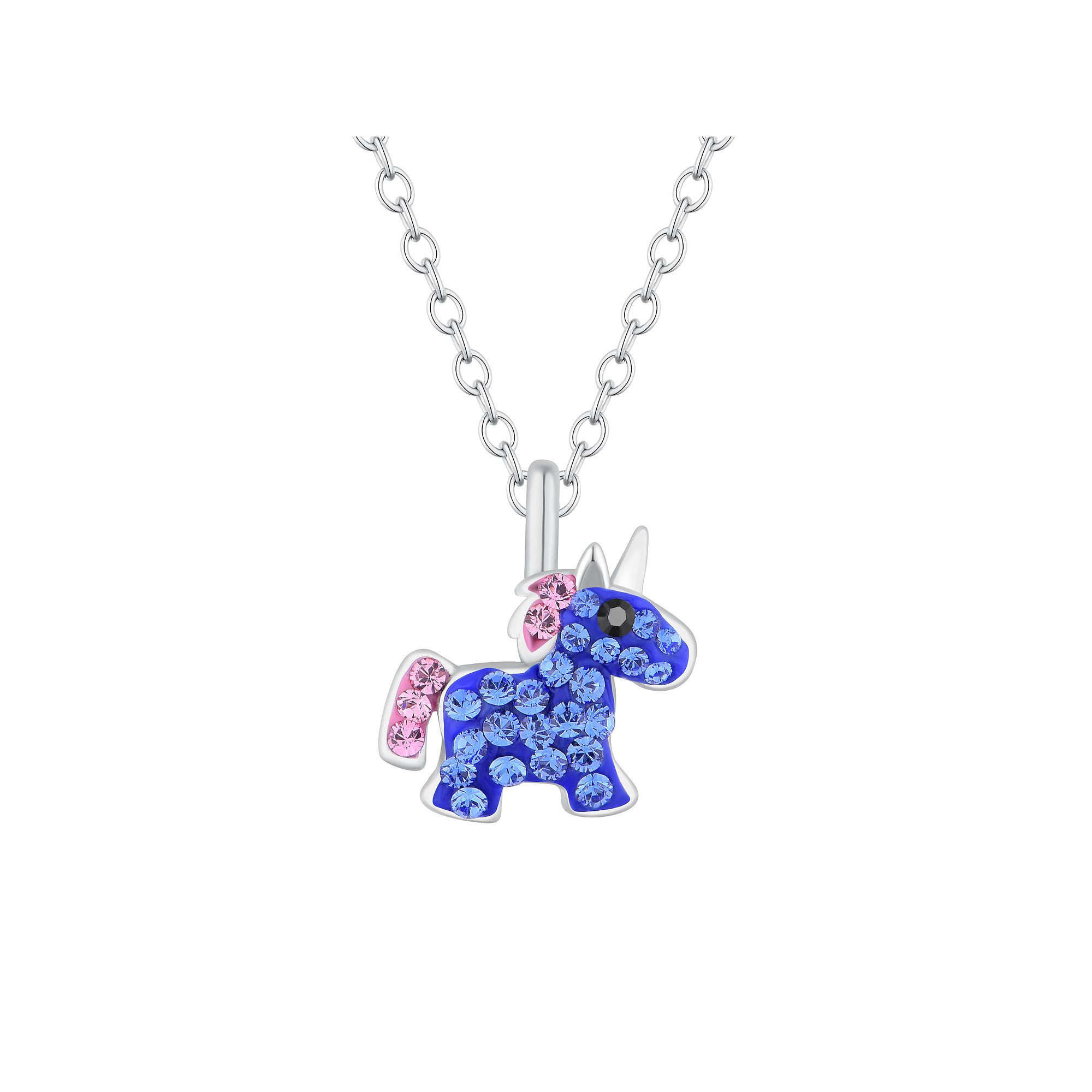 Charming Girl Kids Sterling Silver Blue Crystal Unicorn Pendant Necklace,