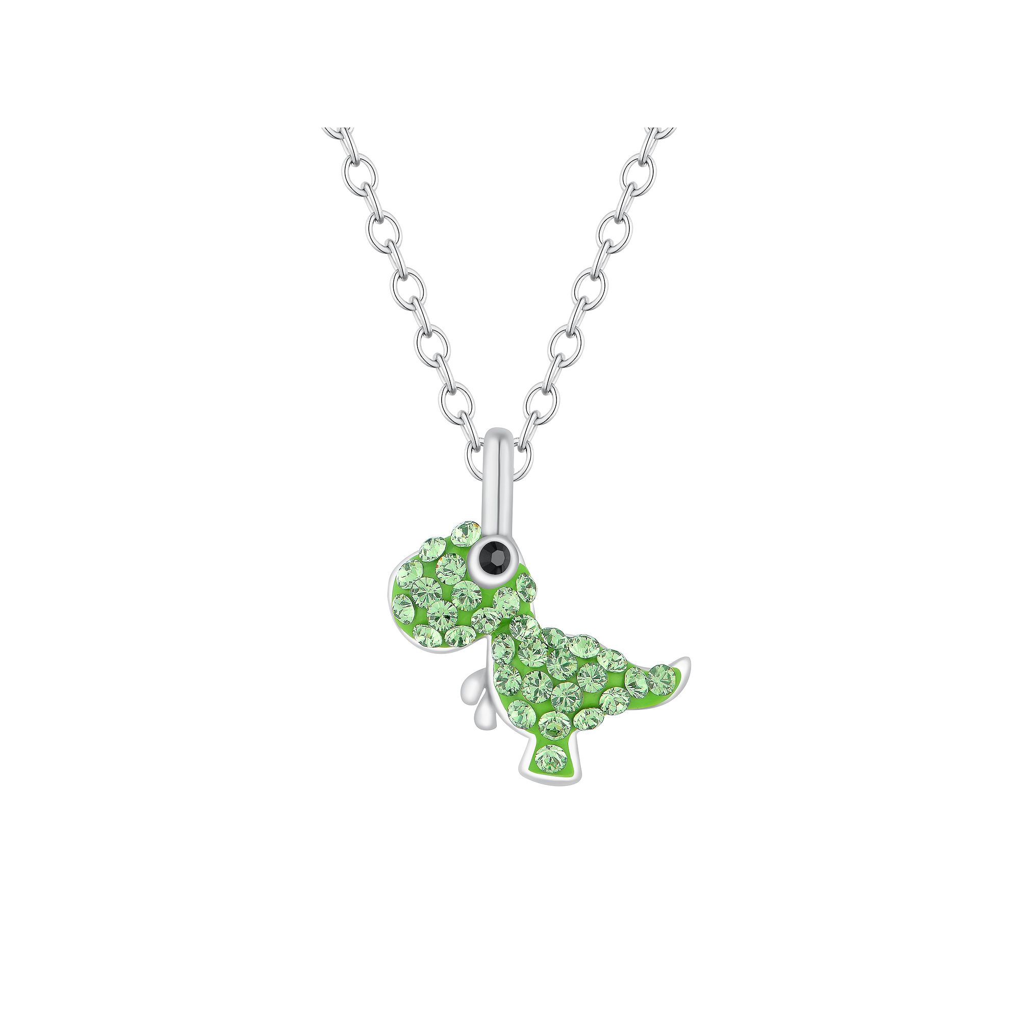 Charming Girl Kids Sterling Silver Green Crystal Dinosaur Pendant Necklac
