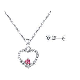 Charming Girl Kids' Sterling Silver Cubic Zirconia Stud & Heart Pendant Necklace Set