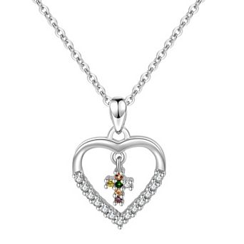 Charming Girl Kids' Sterling Silver Cubic Zirconia & Spinel Heart with Cross Pendant Necklace