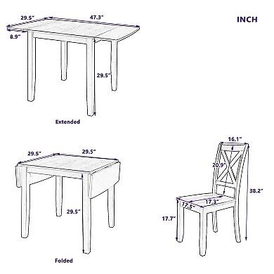 Merax 3-Piece Wood Drop Leaf Breakfast Nook Dining Table Set with 2 X-back Chairs for Small Places