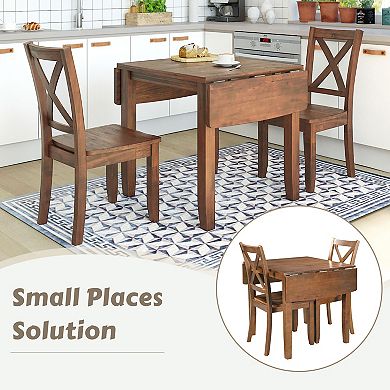 Merax 3-Piece Wood Drop Leaf Breakfast Nook Dining Table Set with 2 X-back Chairs for Small Places