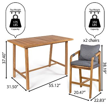 Porto Modern Coastal 3-piece Acacia Wood Outdoor Bar Set With Cushions