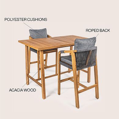 Porto Modern Coastal 3-piece Acacia Wood Outdoor Bar Set With Cushions