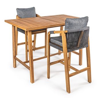 Porto Modern Coastal 3 pc Acacia Wood Outdoor Square Bar Table Set with Cushions
