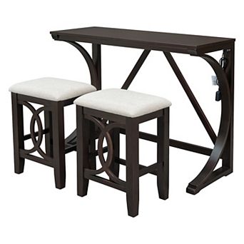 Merax Farmhouse 3 pc Counter Height Dining Table Set with USB Port and Upholstered Stools