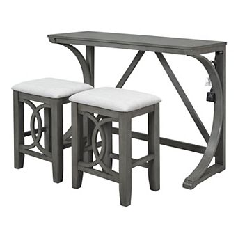 Merax Farmhouse 3 pc Counter Height Dining Table Set with USB Port and Upholstered Stools