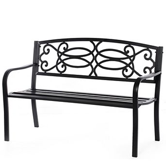 Steel Outdoor Patio Garden Park Seating Bench with Cast Iron Scrollwork Backrest
